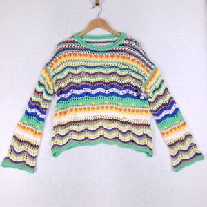 Rainbow Crochet Knit Sweater Multicolor Stripe Pullover Size Small Boho Indie